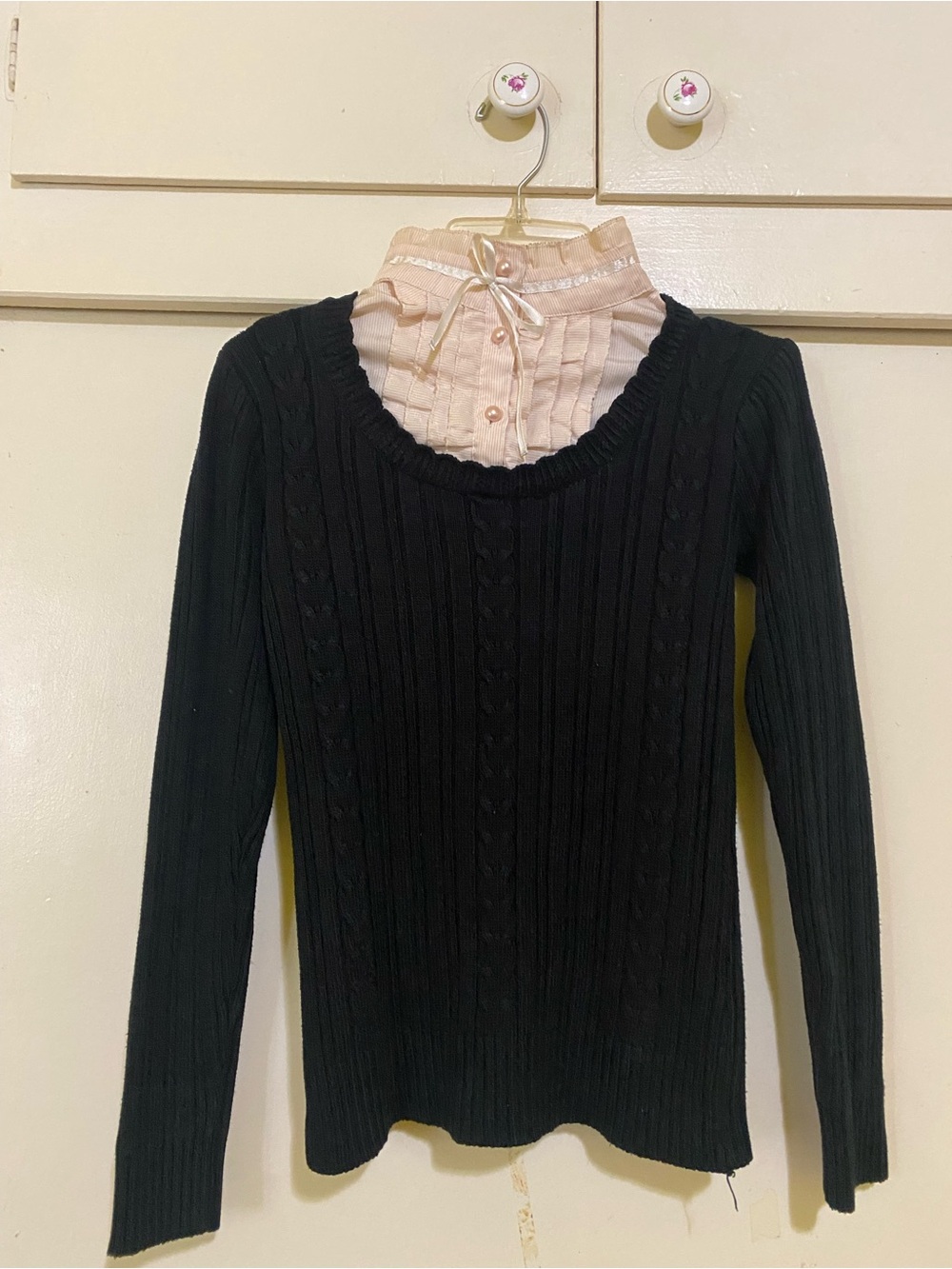 Black Cable-Knit Crewneck Sweater with Pink Mock Layer